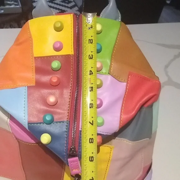Boho Multicolor Patchwork Leather Backpack | Colorful Festival Cottagecore Y2K - Picture 14 of 16